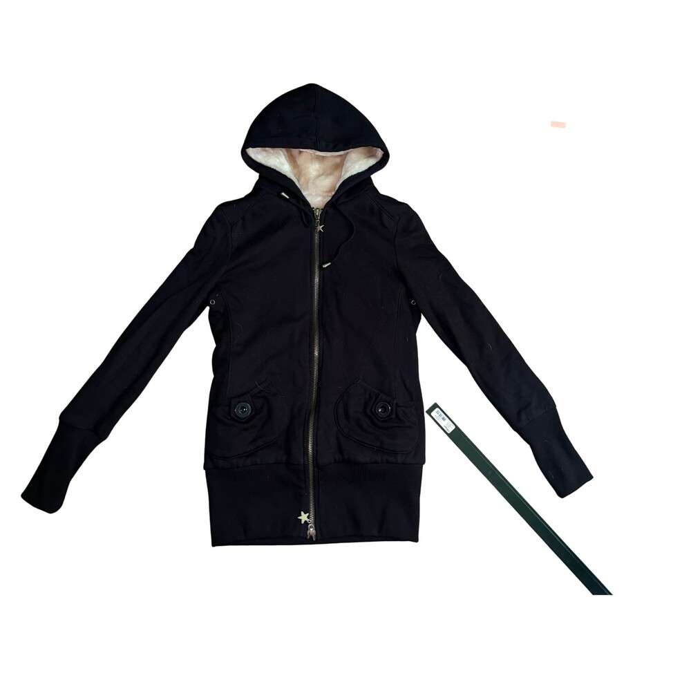 Dollhouse Womens Hooded Zip Up Jacket Black Sherpa Lined Button Pocket Hoodie